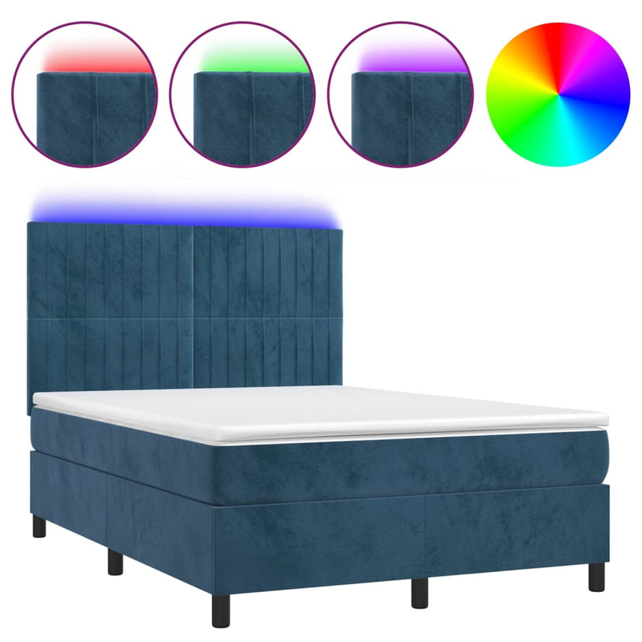 Boxspring Met Matras En Led Fluweel Donkerblauw 140 x 200 cm Verticale strepen