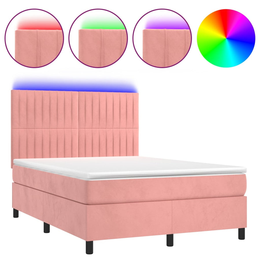 Boxspring Met Matras En Led Fluweel Roze 140 x 200 cm Verticale strepen
