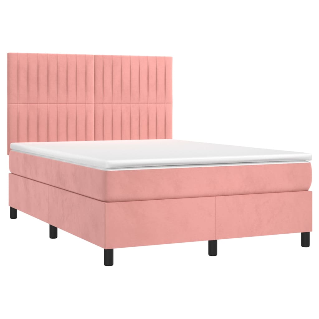Boxspring Met Matras En Led Fluweel Roze 140 x 200 cm Verticale strepen
