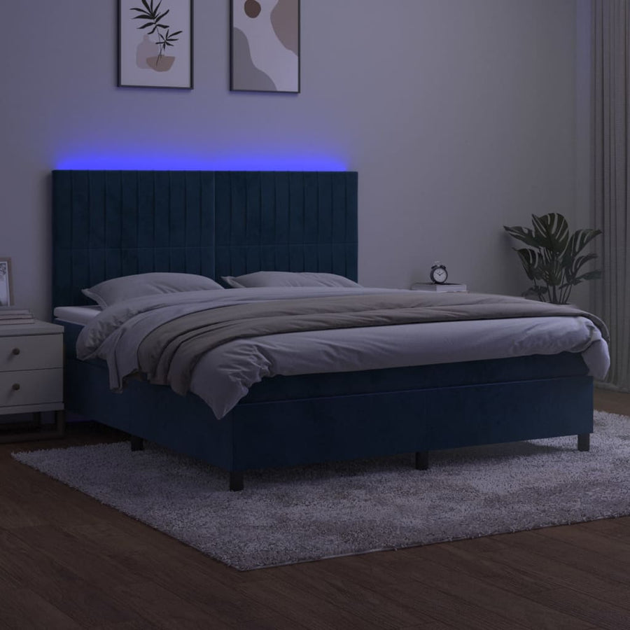 Boxspring Met Matras En Led Fluweel Donkerblauw 160 x 200 cm Verticale strepen