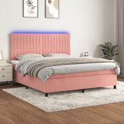 Box spring with mattress and LED velvet pink 160x200 cm