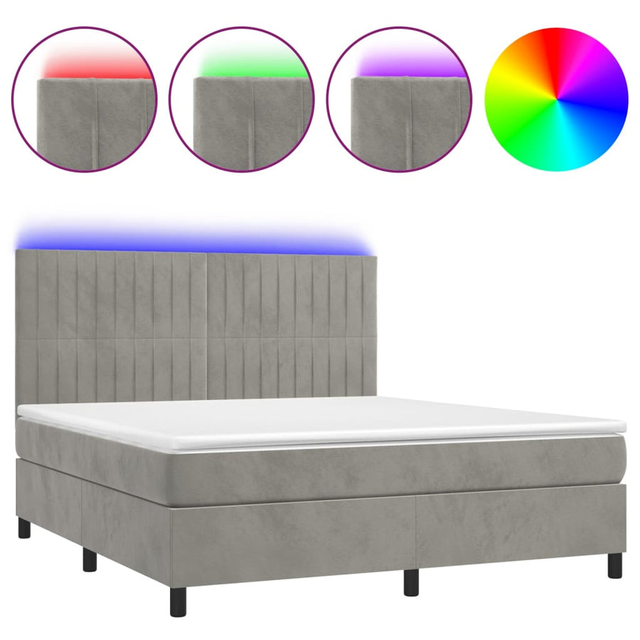 Boxspring Met Matras En Led Fluweel Lichtgrijs 180 x 200 cm Verticale strepen