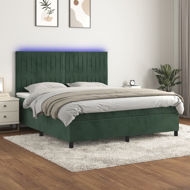 Boxspring Met Matras En Led Fluweel Donkergroen 180 x 200 cm Verticale strepen