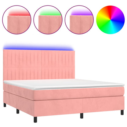 Boxspring Met Matras En Led Fluweel Roze 180 x 200 cm Verticale strepen
