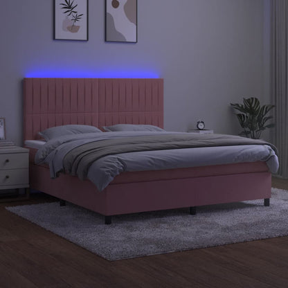 Boxspring Met Matras En Led Fluweel Roze 180 x 200 cm Verticale strepen