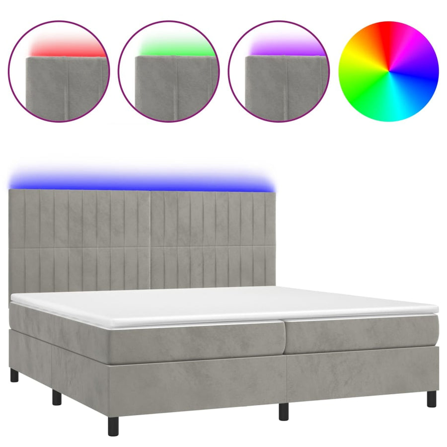 Boxspring Met Matras En Led Fluweel Lichtgrijs 200 x 200 cm Verticale strepen