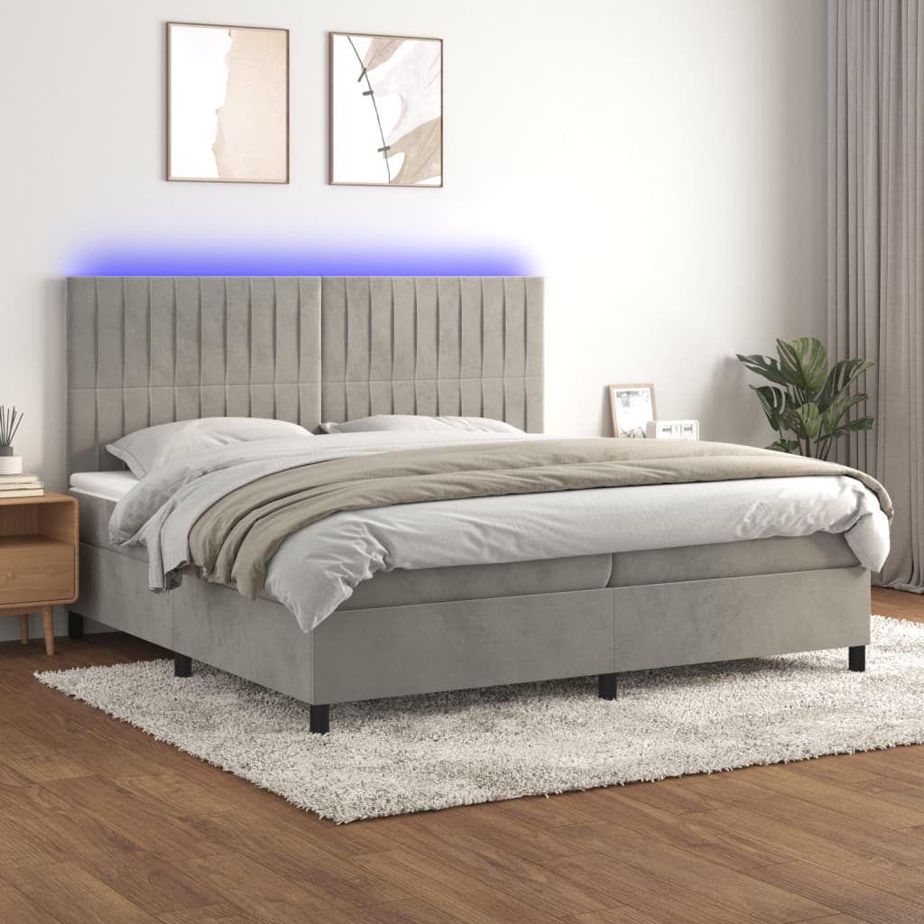Boxspring Met Matras En Led Fluweel Lichtgrijs 200 x 200 cm Verticale strepen