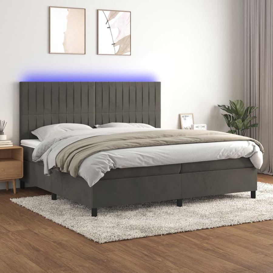 Boxspring Met Matras En Led Fluweel Donkergrijs 200 x 200 cm Verticale strepen
