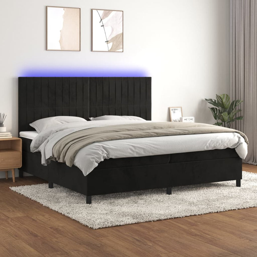 Boxspring Met Matras En Led Fluweel Zwart 200 x 200 cm Verticale strepen