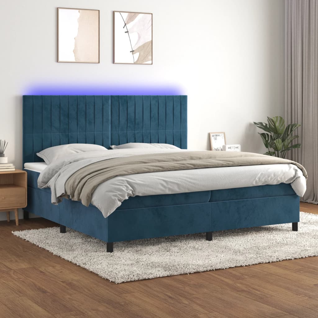 Boxspring Met Matras En Led Fluweel Donkerblauw 200 x 200 cm Verticale strepen
