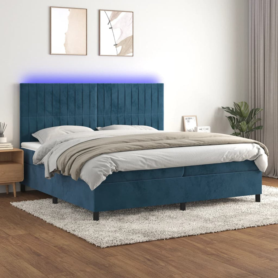 Boxspring Met Matras En Led Fluweel Donkerblauw 200 x 200 cm Verticale strepen