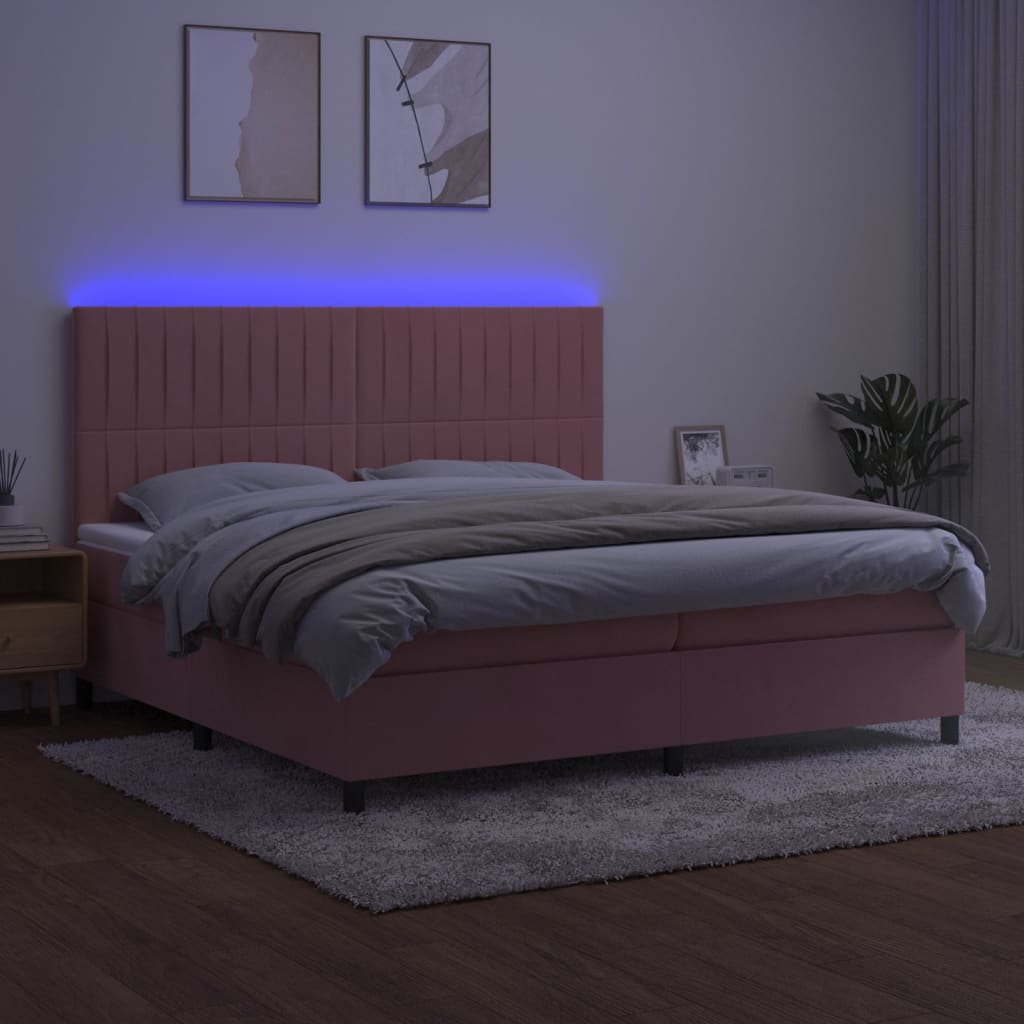 Boxspring Met Matras En Led Fluweel Roze 200 x 200 cm Verticale strepen