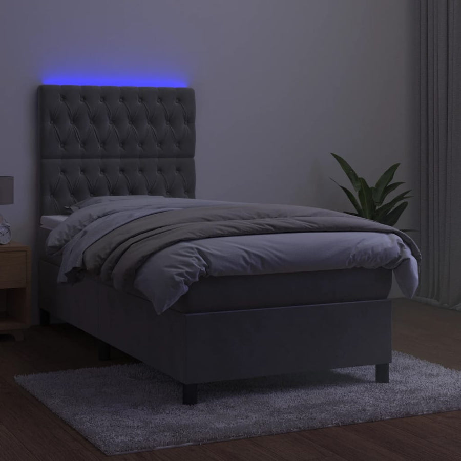 Boxspring Met Matras En Led Fluweel Lichtgrijs 90 x 190 cm Getuft ontwerp