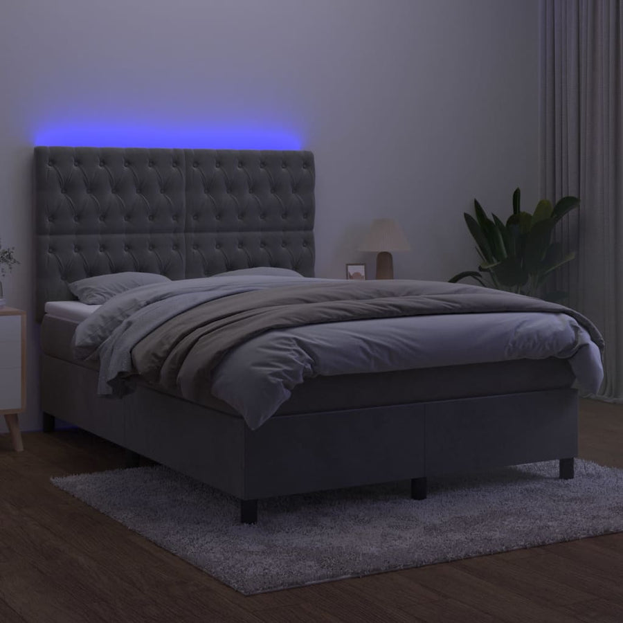 Boxspring Met Matras En Led Fluweel Lichtgrijs 140 x 190 cm Getuft ontwerp