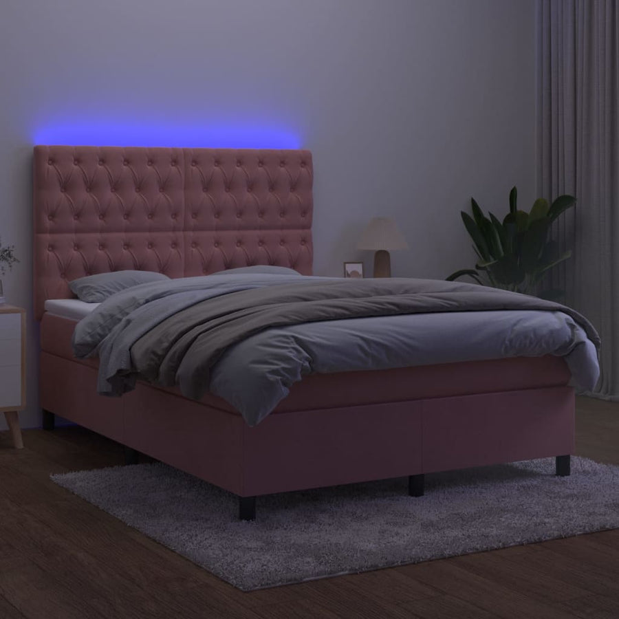 Boxspring Met Matras En Led Fluweel Roze 140 x 190 cm Getuft ontwerp