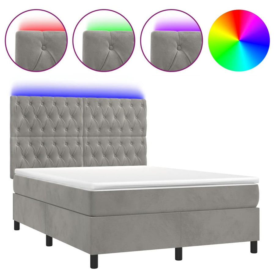 Boxspring Met Matras En Led Fluweel Lichtgrijs 140 x 200 cm Getuft ontwerp