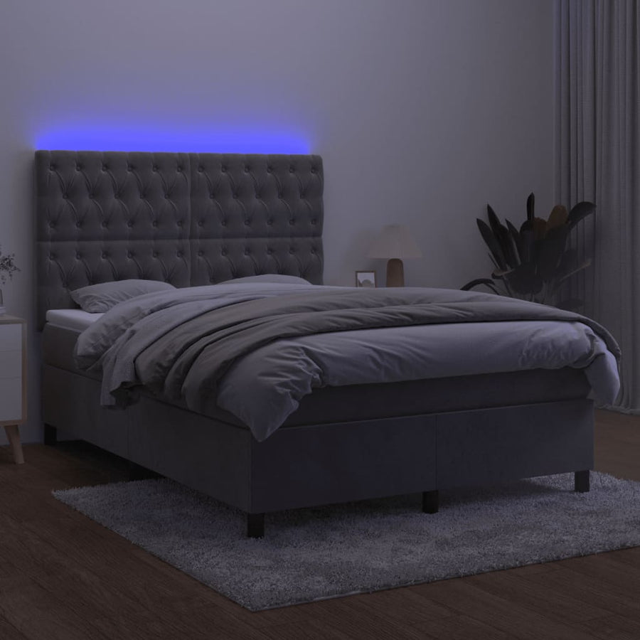 Boxspring Met Matras En Led Fluweel Lichtgrijs 140 x 200 cm Getuft ontwerp