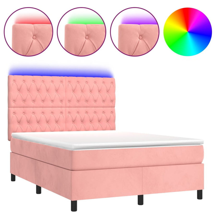 Boxspring Met Matras En Led Fluweel Roze 140 x 200 cm Getuft ontwerp