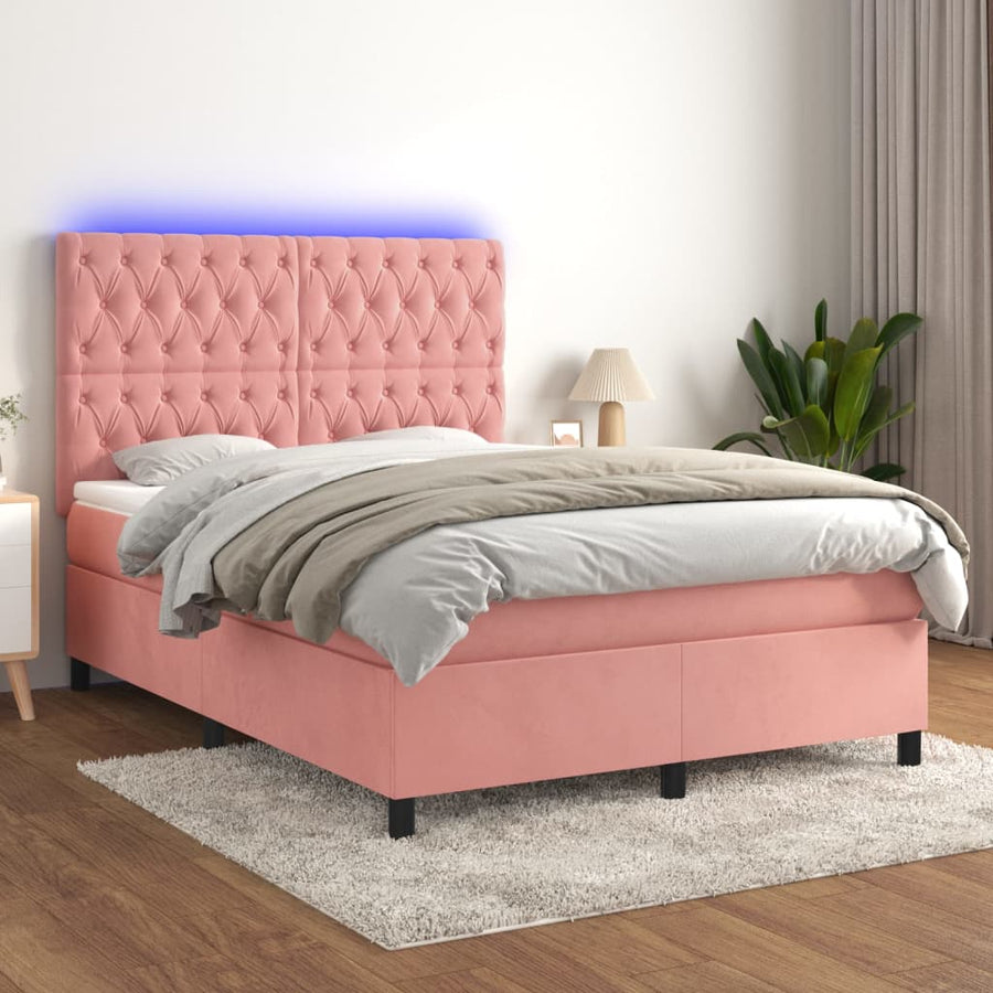 Boxspring Met Matras En Led Fluweel Roze 140 x 200 cm Getuft ontwerp