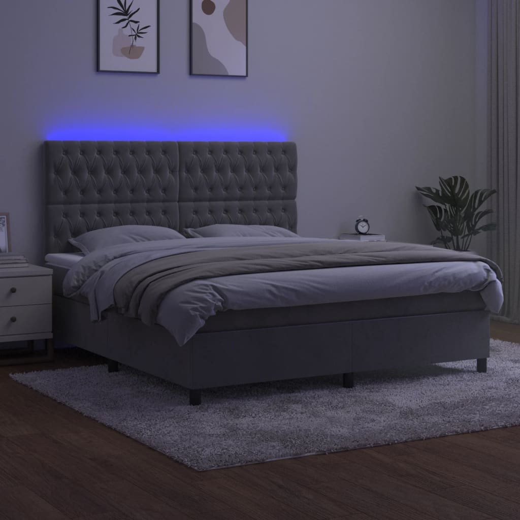 Boxspring Met Matras En Led Fluweel Lichtgrijs 160 x 200 cm Getuft ontwerp