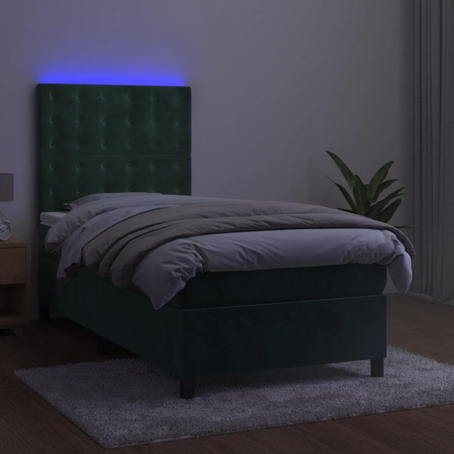 Boxspring Met Matras En Led Fluweel Donkergroen 90X190 Cm Donkergroen 90 x 190 cm Knopen