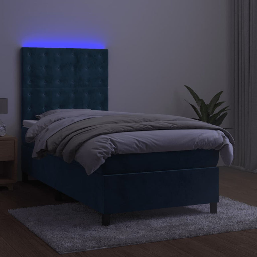 Boxspring Met Matras En Led Fluweel Donkerblauw 90X190 Cm 90 x 190 cm Knopen