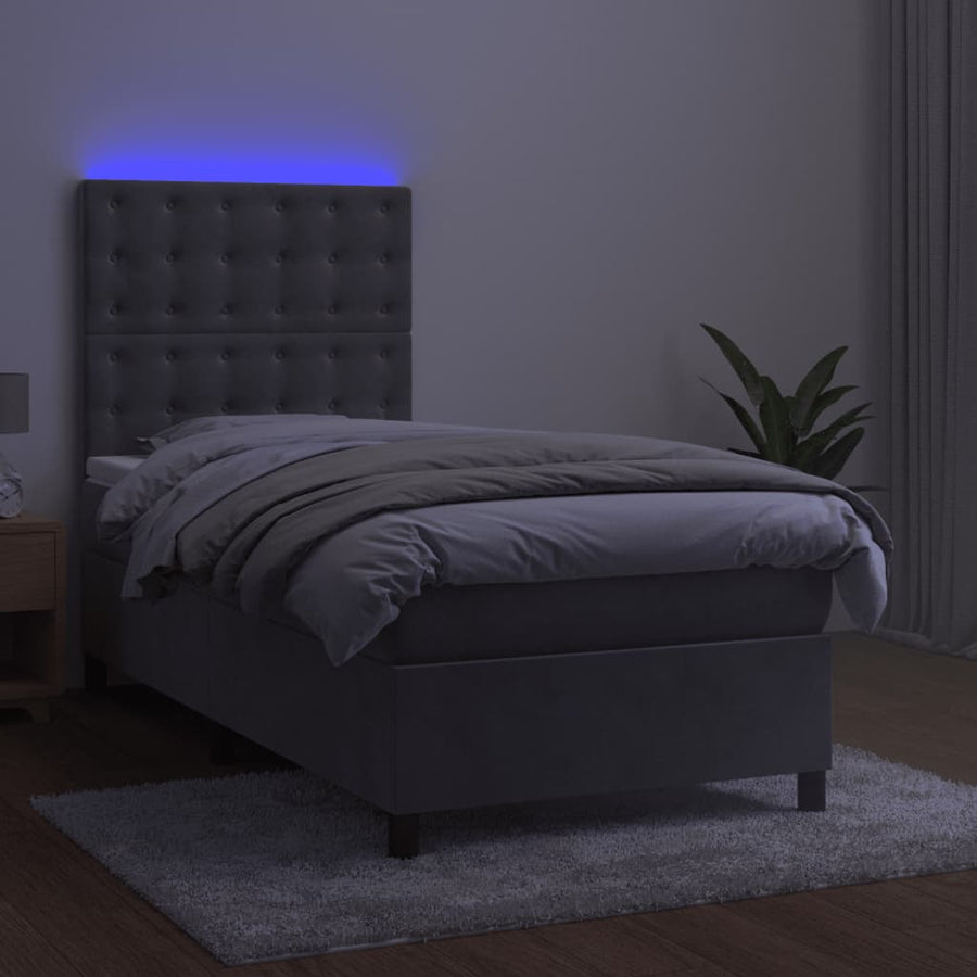 Boxspring Met Matras En Led Fluweel Lichtgrijs 100 x 200 cm Knopen