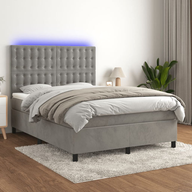 Boxspring Met Matras En Led Fluweel Lichtgrijs 140 x 190 cm Knopen