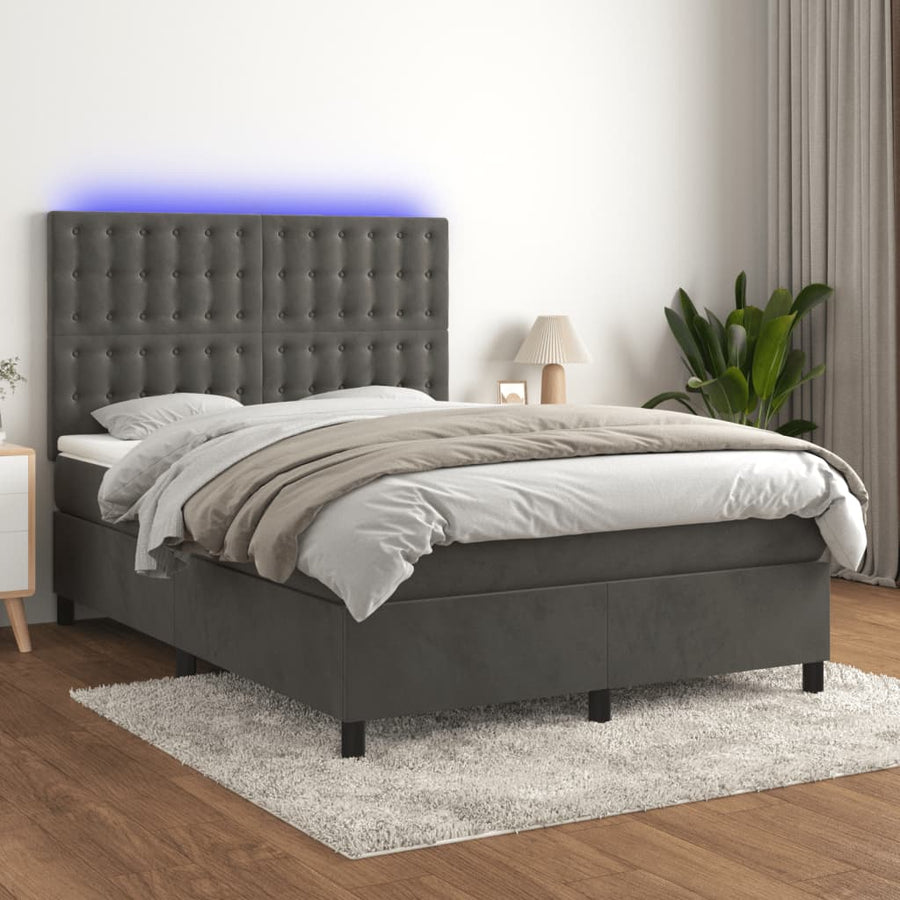 Boxspring Met Matras En Led Fluweel Donkergrijs 140 x 190 cm Knopen