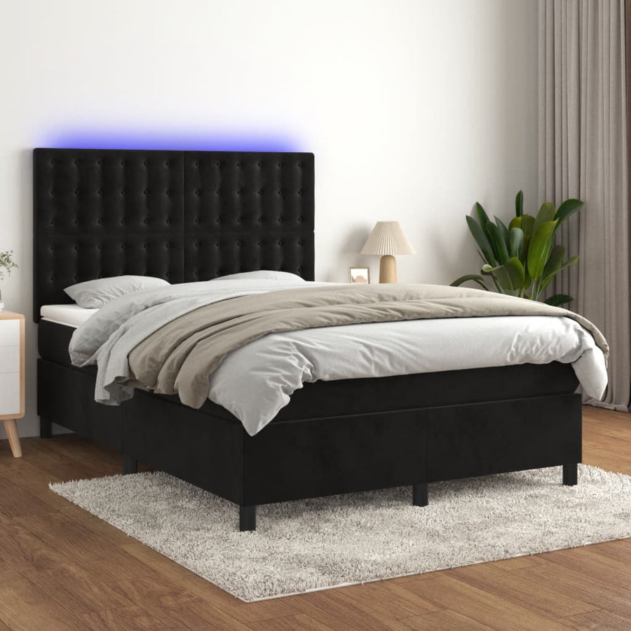 Boxspring Met Matras En Led Fluweel Zwart 140 x 190 cm Knopen
