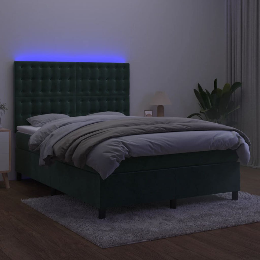 Boxspring Met Matras En Led Fluweel Donkergroen 140 x 190 cm Knopen