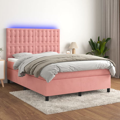 Boxspring Met Matras En Led Fluweel Roze 140 x 190 cm Knopen
