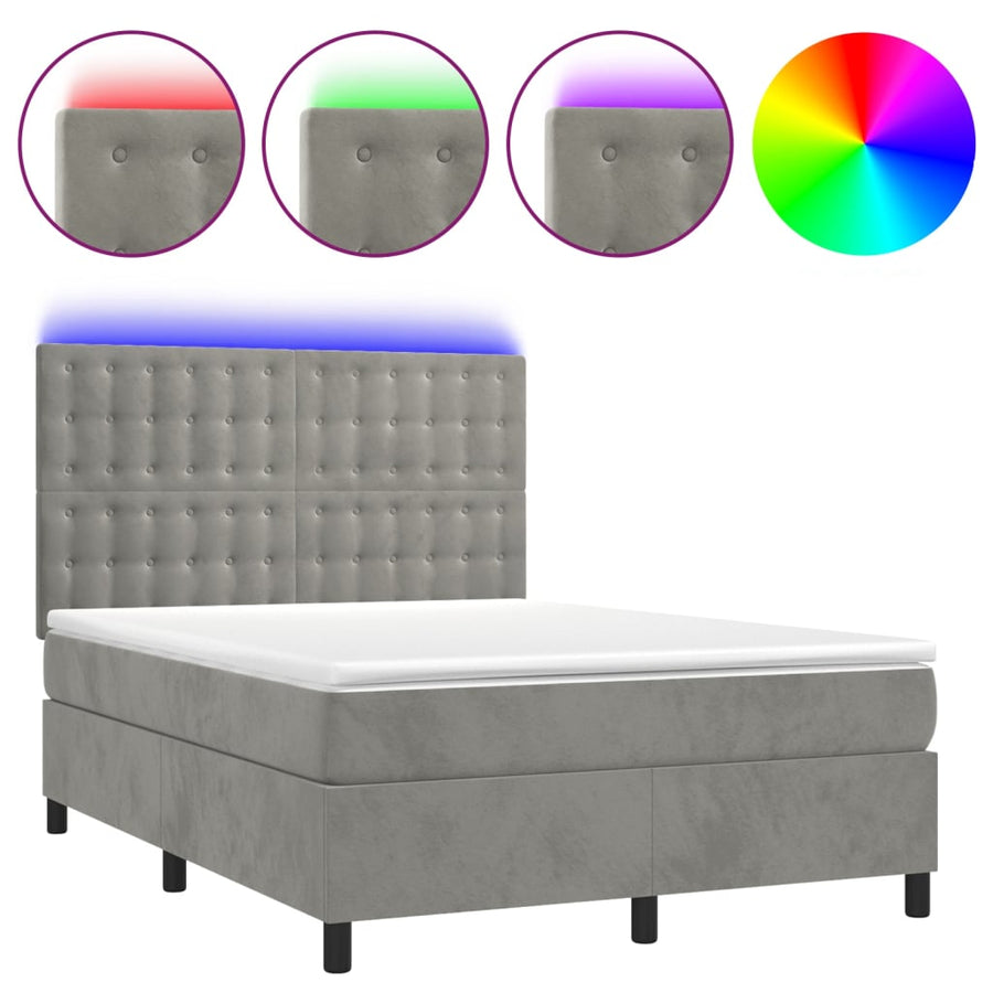 Boxspring Met Matras En Led Fluweel Lichtgrijs 140 x 200 cm Knopen