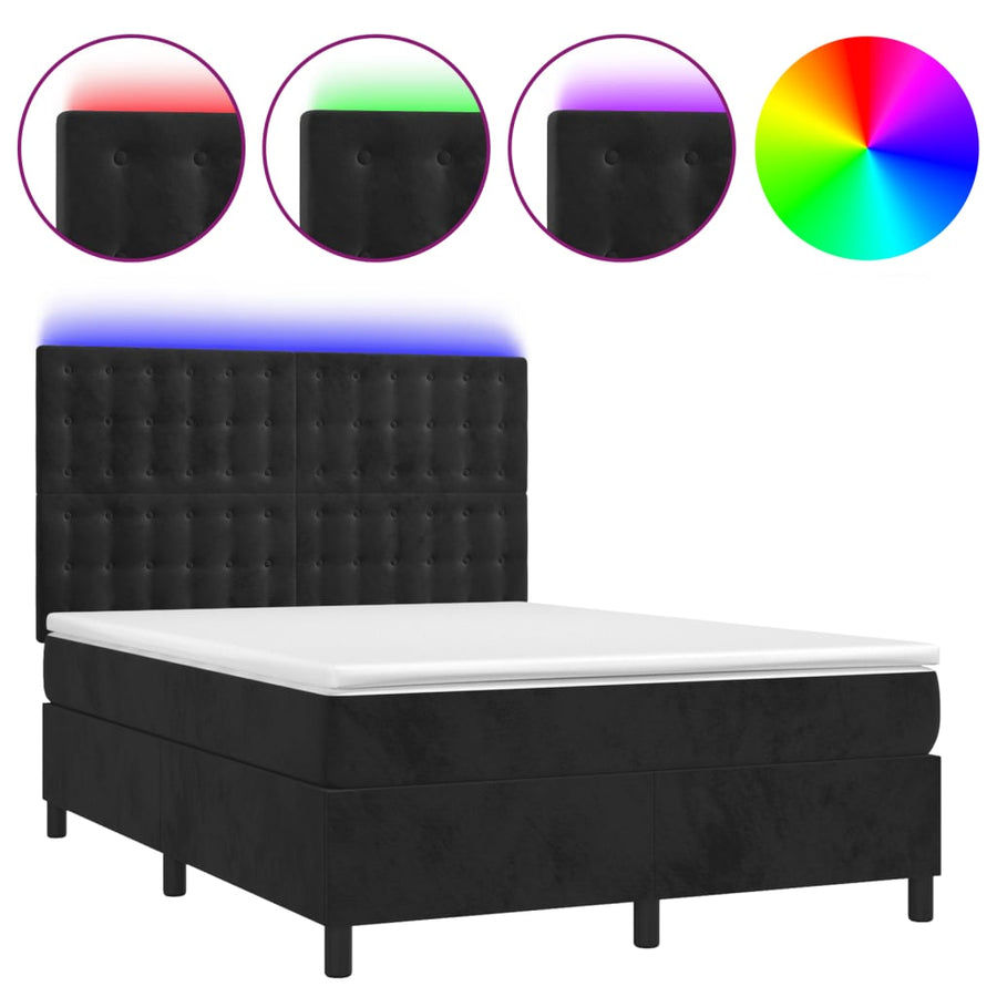 Boxspring Met Matras En Led Fluweel Zwart 140 x 200 cm Knopen
