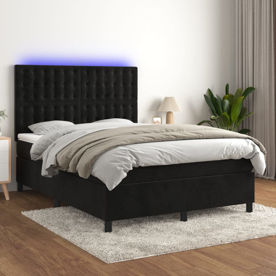 Boxspring Met Matras En Led Fluweel Zwart 140 x 200 cm Knopen