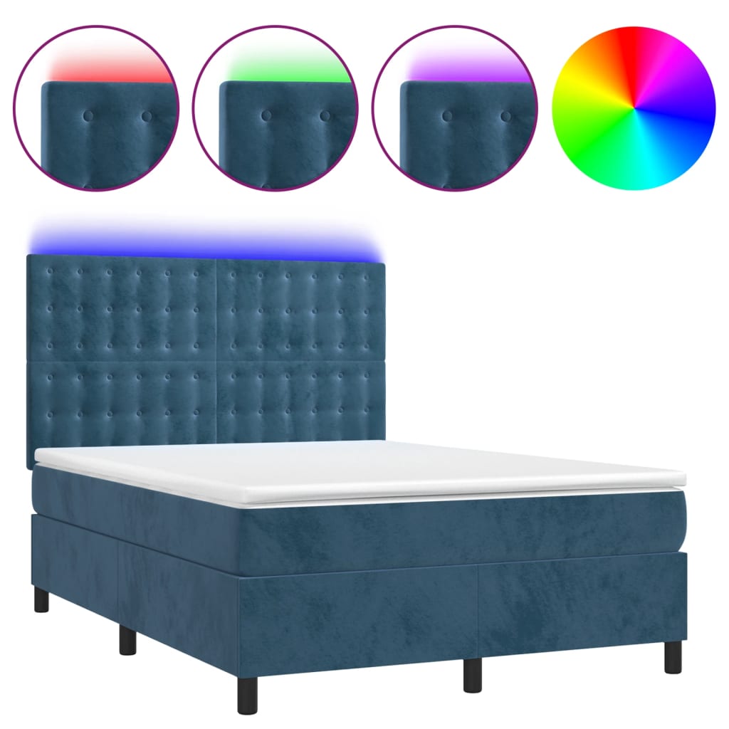 Boxspring Met Matras En Led Fluweel Donkerblauw 140 x 200 cm Knopen