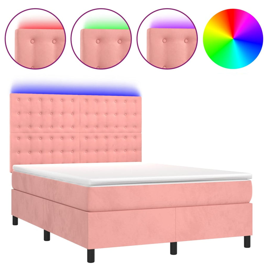 Boxspring Met Matras En Led Fluweel Roze 140 x 200 cm Knopen