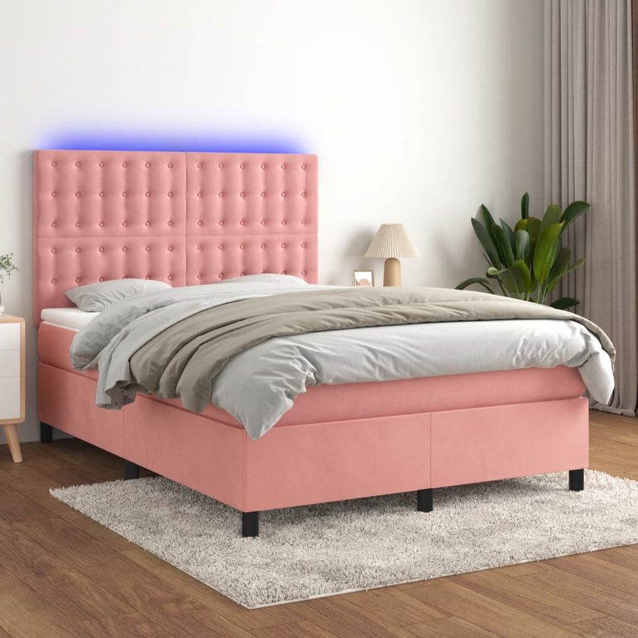 Boxspring Met Matras En Led Fluweel Roze 140 x 200 cm Knopen