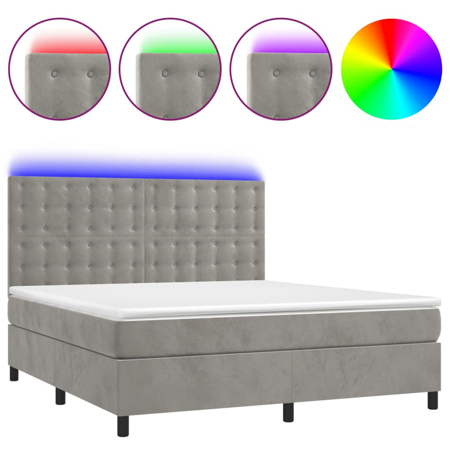 Boxspring Met Matras En Led Fluweel Lichtgrijs 160 x 200 cm Knopen