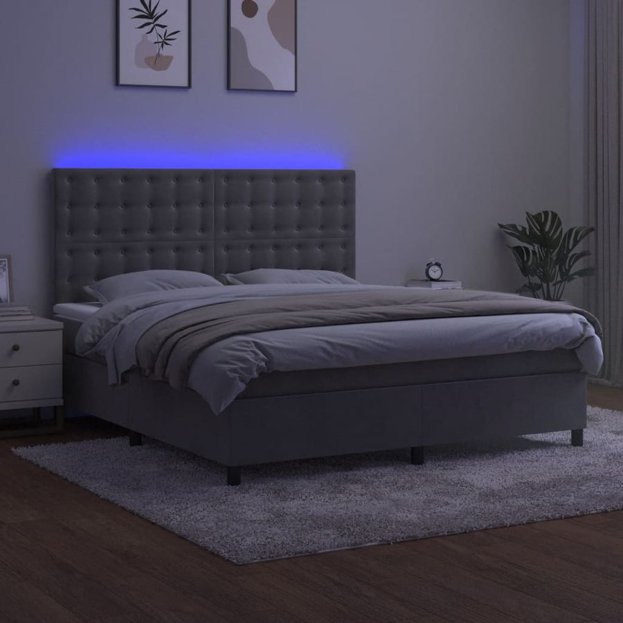 Boxspring Met Matras En Led Fluweel Lichtgrijs 160 x 200 cm Knopen