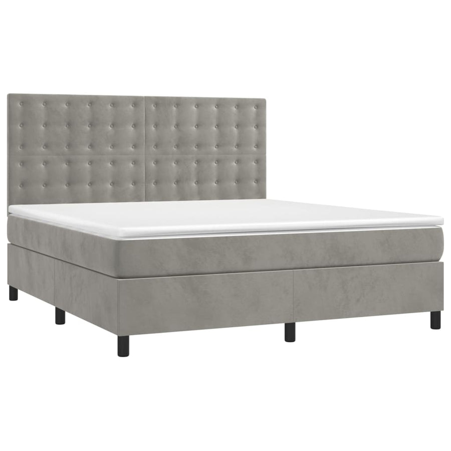 Boxspring Met Matras En Led Fluweel Lichtgrijs 180X200 Cm 180 x 200 cm Knopen