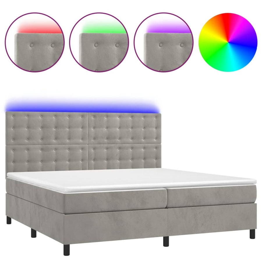 Boxspring Met Matras En Led Fluweel Lichtgrijs 200 x 200 cm Knopen