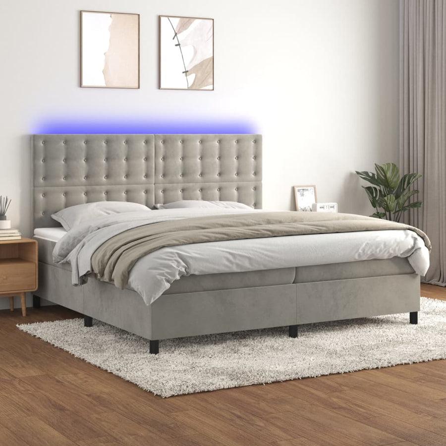Boxspring Met Matras En Led Fluweel Lichtgrijs 200 x 200 cm Knopen