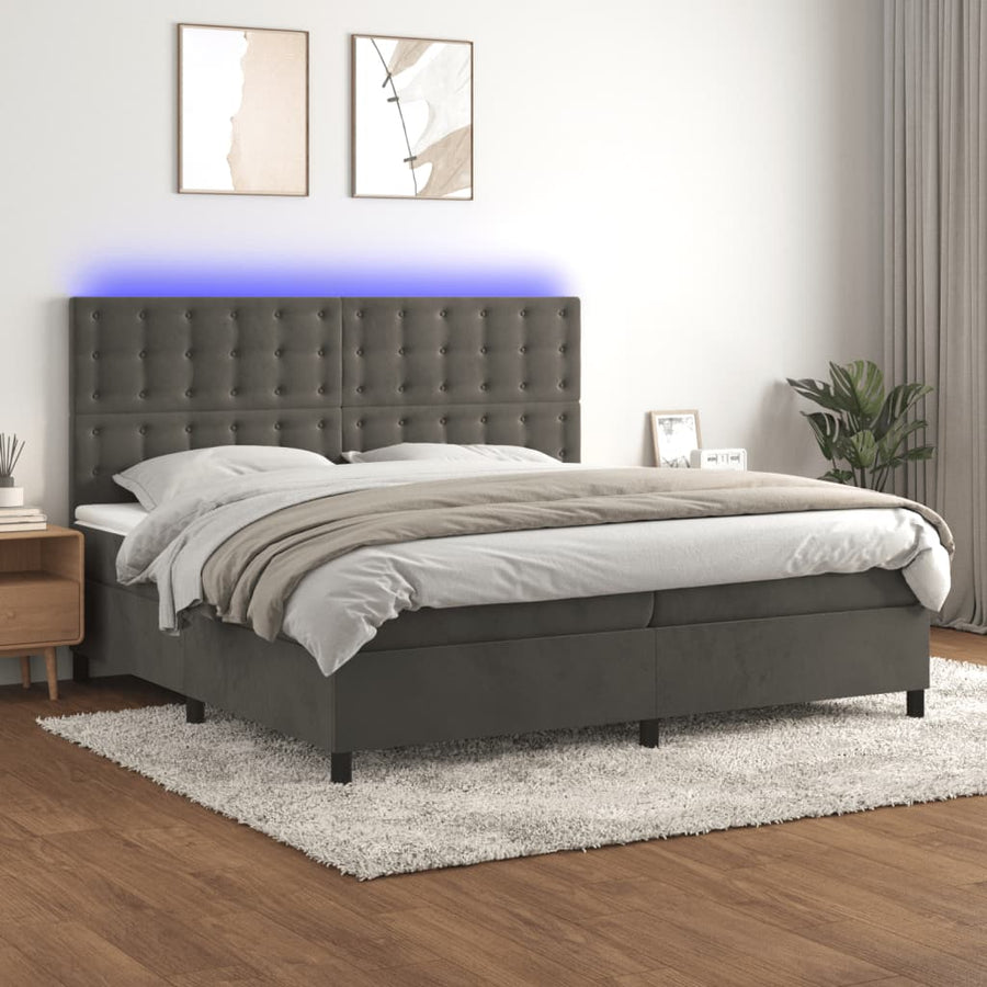 Boxspring Met Matras En Led Fluweel Donkergrijs 200 x 200 cm Knopen