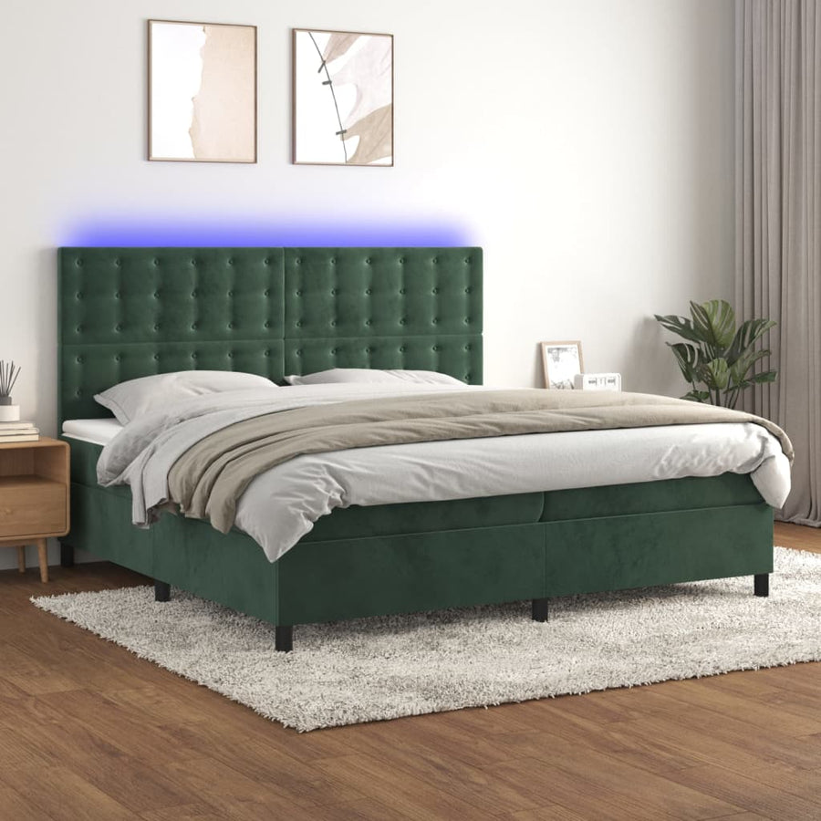 Boxspring Met Matras En Led Fluweel Donkergroen 200X200 Cm Donkergroen 200 x 200 cm Knopen