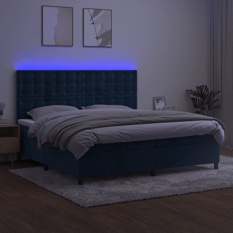 Boxspring Met Matras En Led Fluweel Donkerblauw 200X200 Cm Donkerblauw 200 x 200 cm Knopen