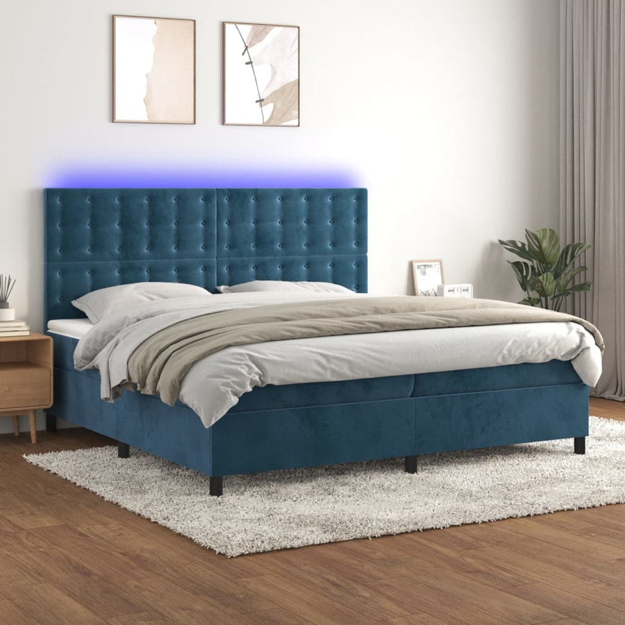 Boxspring Met Matras En Led Fluweel Donkerblauw 200X200 Cm Donkerblauw 200 x 200 cm Knopen