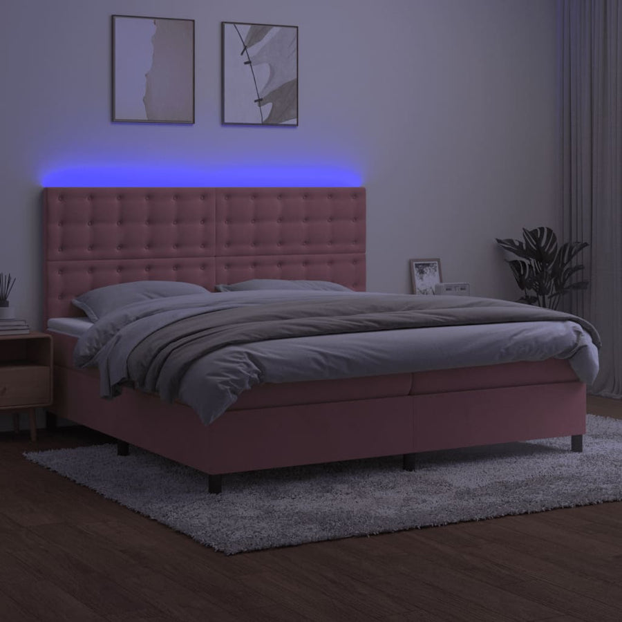 Boxspring Met Matras En Led Fluweel Roze 200 x 200 cm Knopen