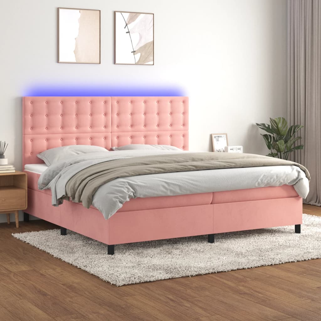 Boxspring Met Matras En Led Fluweel Roze 200 x 200 cm Knopen