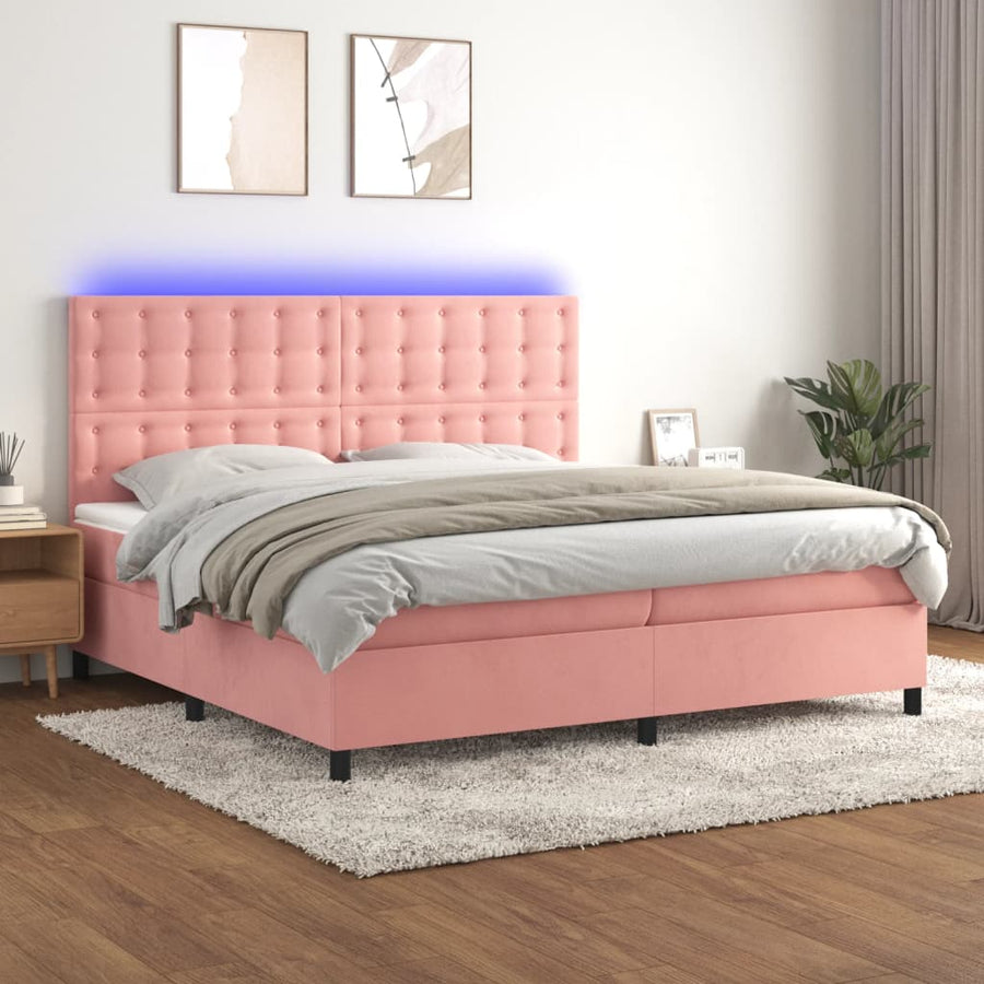 Boxspring Met Matras En Led Fluweel Roze 200 x 200 cm Knopen